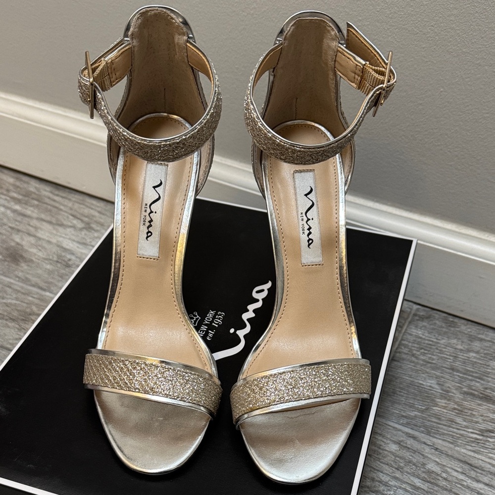Nina Metallic Gold Glitter Ankle-Strap Heels